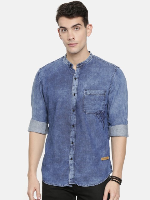 

John Players Men Blue Trim Fit Faded Casual Shirt