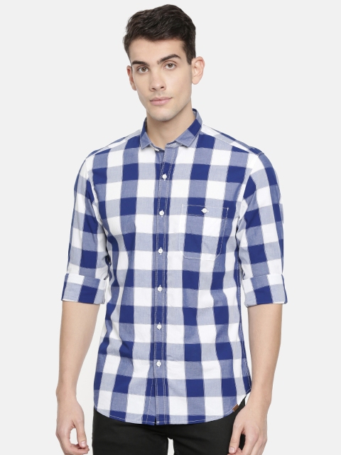 

John Players Men White & Navy Blue Trim Fit Checked Casual Shirt