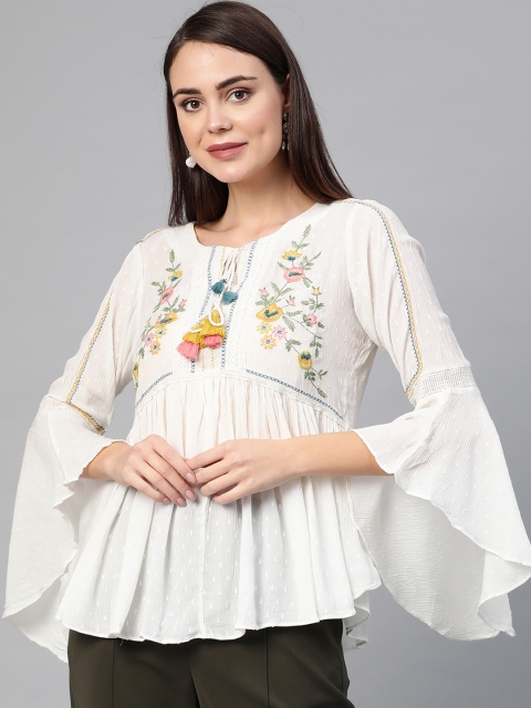 

W Women White Embroidered A-Line Top