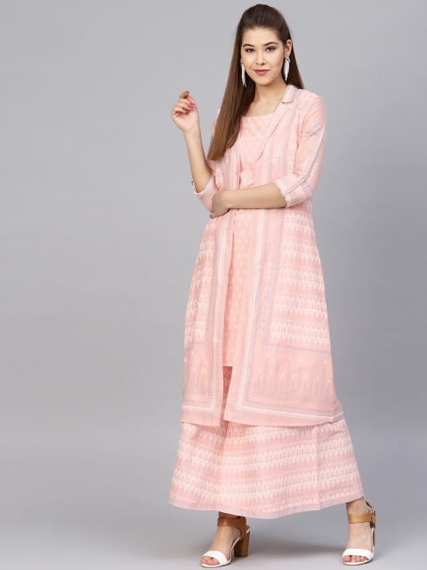 

W Women Pink & White Printed Kurta with Palazzos & Ethnic Jacket