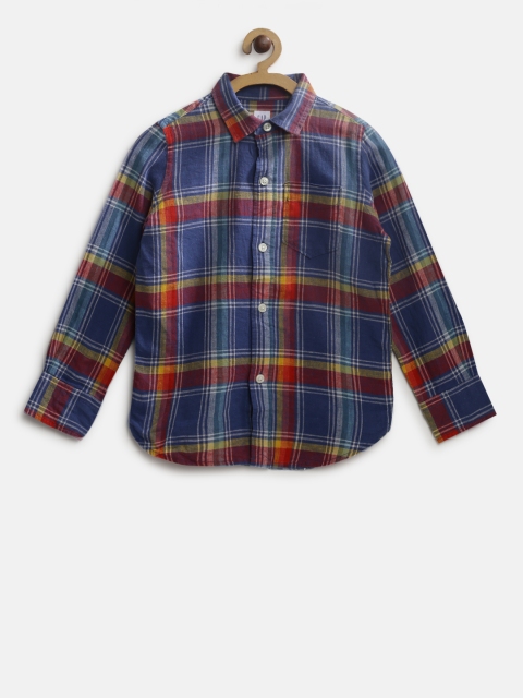 

GAP Boy Poplin Plaid Long Sleeve Shirt, Blue