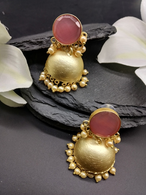 

Fida Gold-Toned & Pink Shields of Stone Dome Shaped Jhumkas