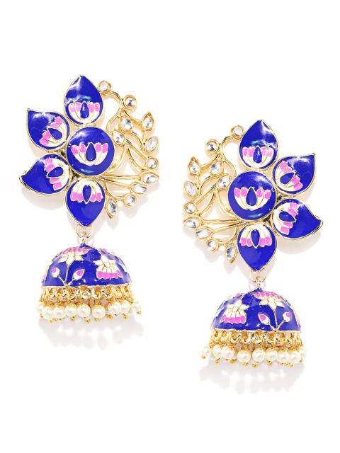 

justpeachy Gold-Toned & Blue Dome Shaped Meenakari Jhumkas