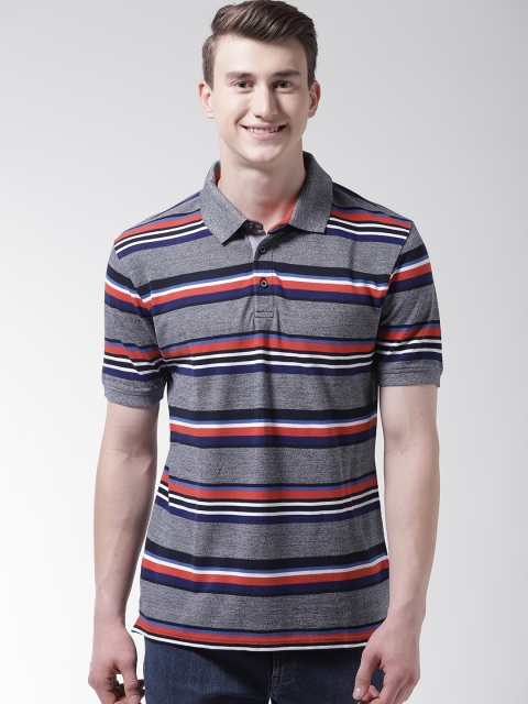 

Marks & Spencer Men Grey Melange & Navy Striped Polo Collar T-shirt