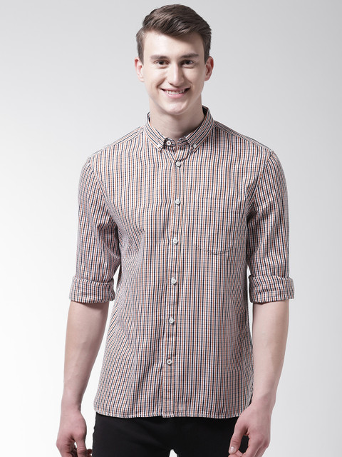 

Marks & Spencer Men White & Rust Orange Slim Fit Checked Casual Shirt
