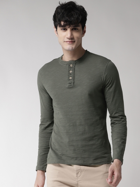 

Marks & Spencer Men Olive Green Solid Henley Neck T-shirt