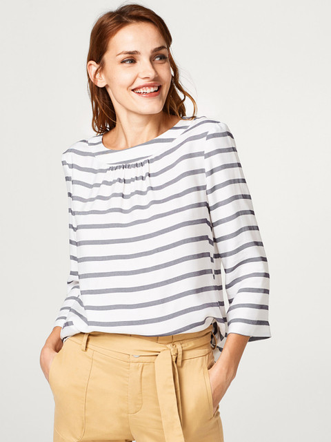 

ESPRIT Women White & Navy Blue Striped Top