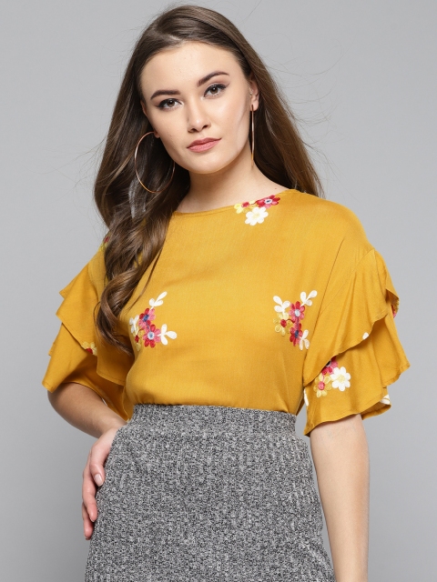 

Harpa Women Mustard Yellow & Pink Embroidered Styled Back Top