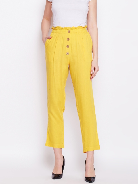 

Oxolloxo Women Yellow Comfort Regular Fit Solid Cigarette Trousers