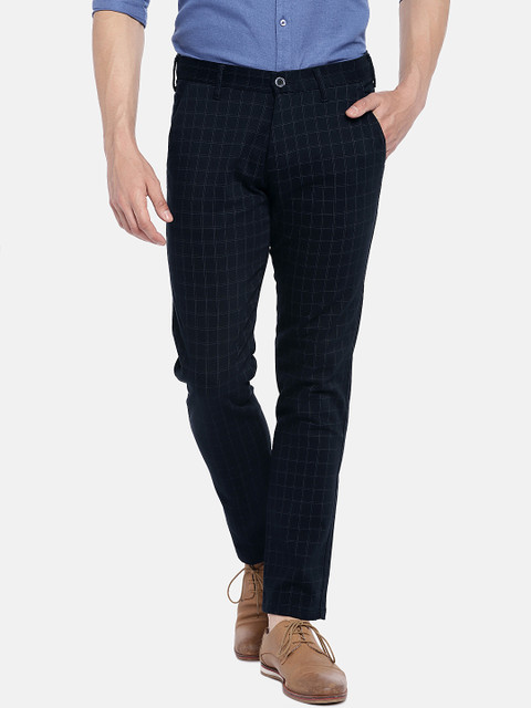 

Easies Men Blue Comfort Slim Fit Checked Regular Trousers