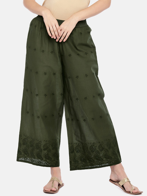 

Globus Women Olive Green Straight Self Design Palazzos