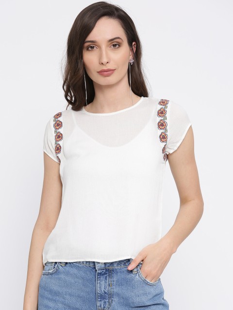 

I AM FOR YOU Women Off-White Solid Semi-Sheer Top