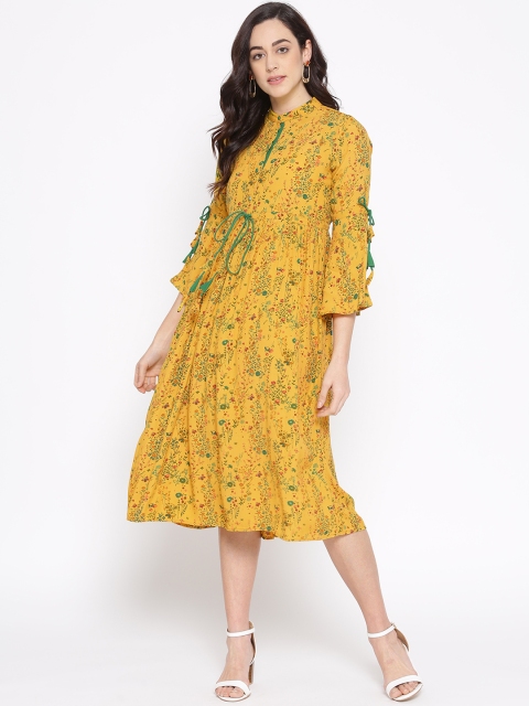 

I AM FOR YOU Women Mustard Yellow Printed Midi A-Line Dress