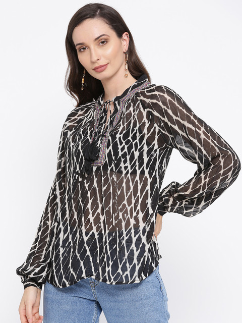 

I AM FOR YOU Women Black Checked Semi-Sheer Top