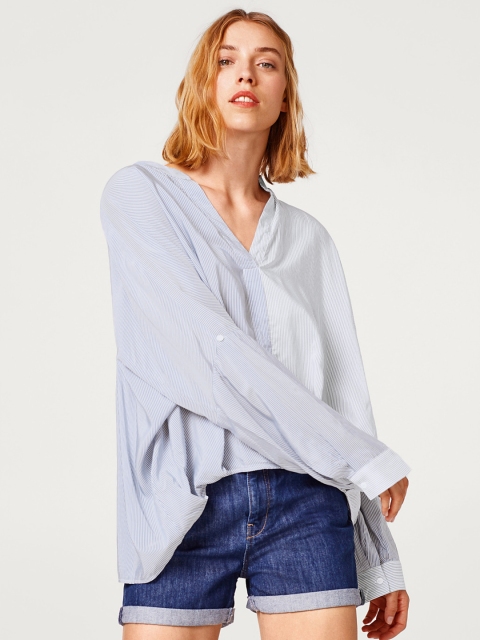 

ESPRIT Women White & Blue Striped Boxy Top