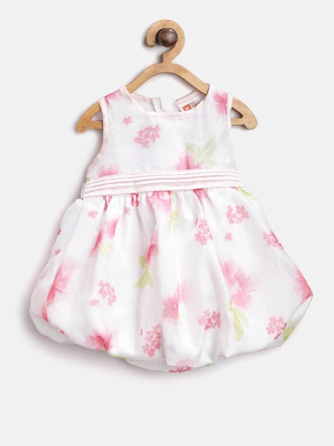 

612 league Girls White & Pink Floral Print Balloon Dress