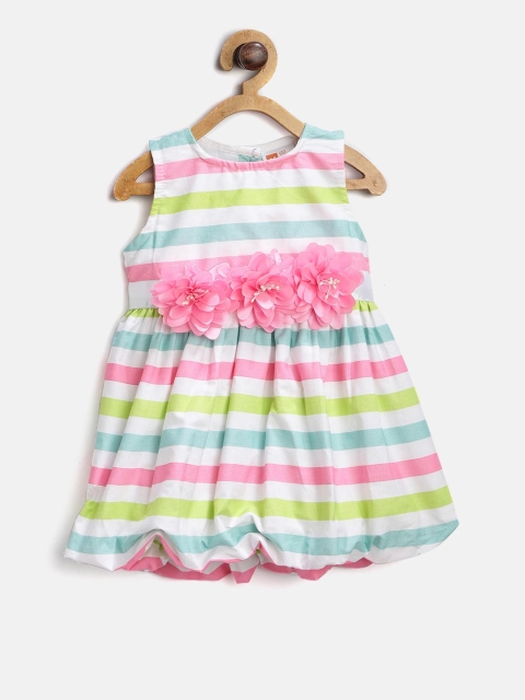 

612 league Girls White & Pink Striped Balloon Dress