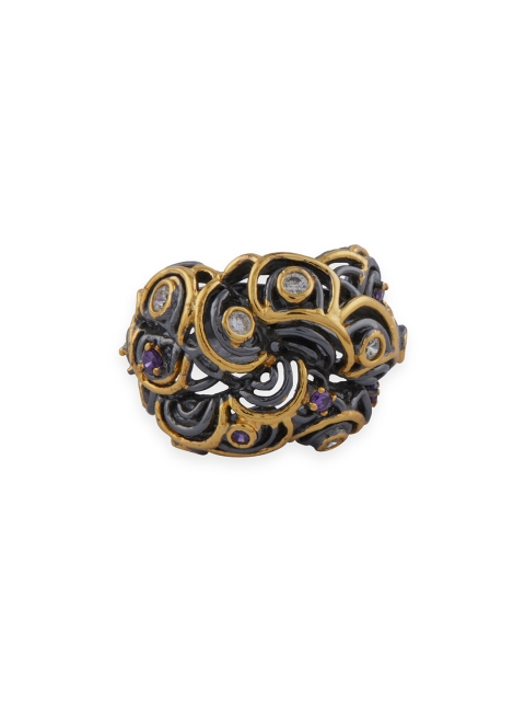 

Shaze Women Gold-Plated & Black CZ Stone-Studded Finger Ring