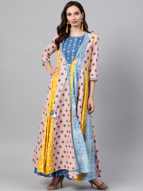 

W Blue & Pink Printed Basic Jumpsuit with Ethnic Jacket