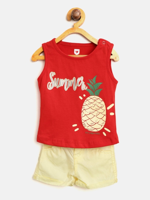 

612 league Girls Red & Yellow Printed T-shirt with Shorts