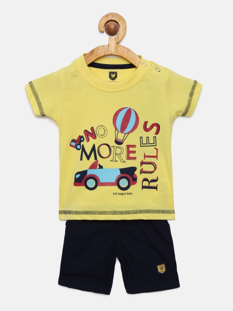 

612 league Boys Navy Blue & Yellow Printed T-shirt with Shorts