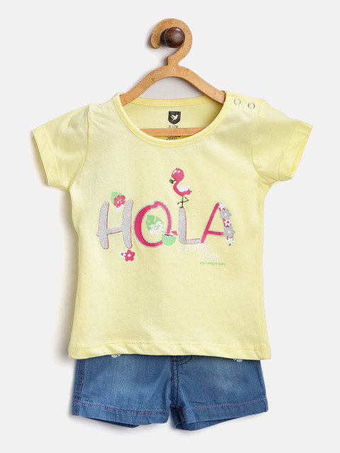 

612 league Girls Yellow & Blue Printed T-shirt with Shorts