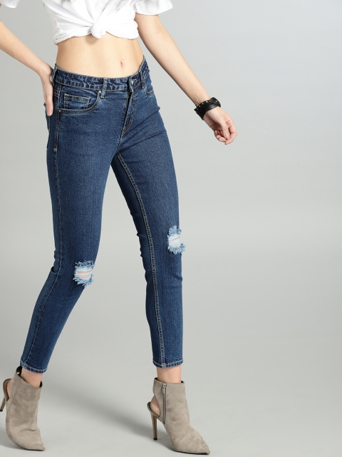 

Roadster Women Blue Skinny Fit Mid-Rise Low Distress Cropped Jeans
