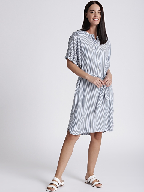 

GAP Women's Blue & White Perfect Roll-Sleeve Stripe Shirtdress