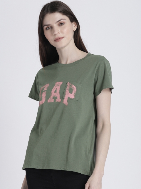 

GAP Women Olive Green Printed Originals Pocket T-Shirt