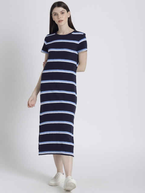 

GAP Women Navy Blue Striped Ribbed Short Sleeve Midi T-Shirt Dress