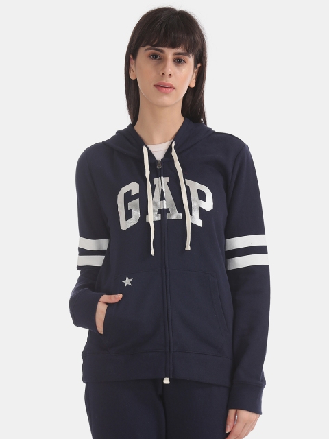 

GAP Women Navy Blue Brand Logo Printed Hooded Sweatshirt