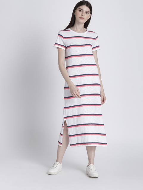 

GAP Women White & Coral Pink Striped Ribbed Short Sleeve Midi T-Shirt Dress