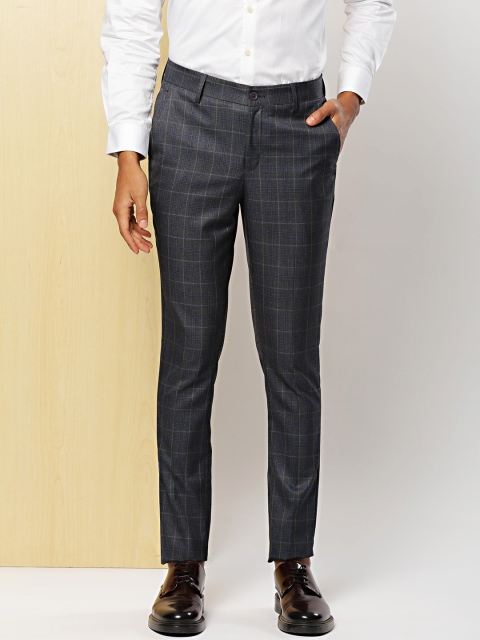 

INVICTUS Men Grey & Blue Slim Fit Checked Smart Casual Trousers