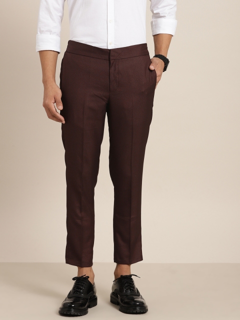 

INVICTUS Men Maroon Slim Fit Self Design Smart Casual Regular Cropped Trousers