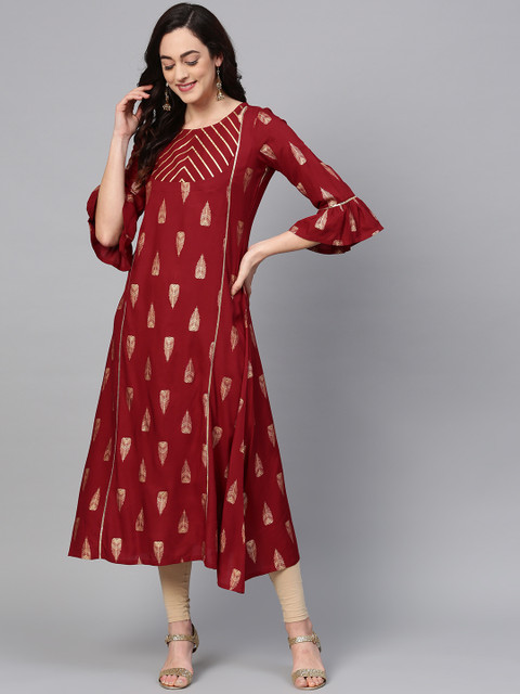 

Varanga Women Maroon & Golden Printed A-Line Kurta