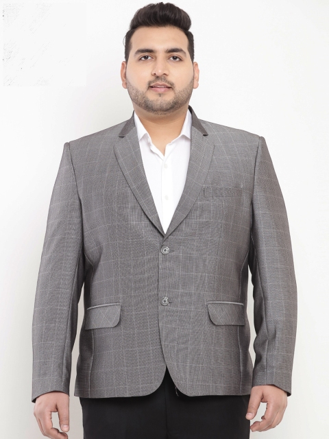 

John Pride Plus Size Men Grey Checked Regular-Fit Single-Breasted Blazer