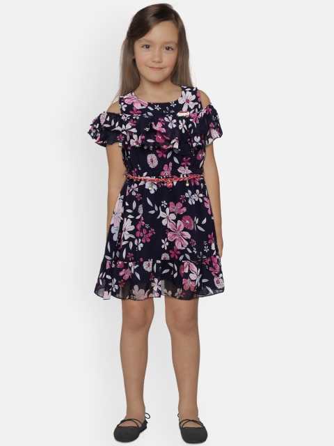 

612 league Girls Navy & Pink Printed Cold-Shoulder Fit & Flare Dress, Navy blue