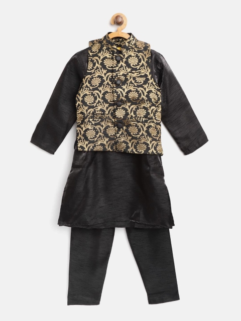 

612 league Boys Black & Gold-Toned Solid Kurta with Pyjamas & Nehru Jacket