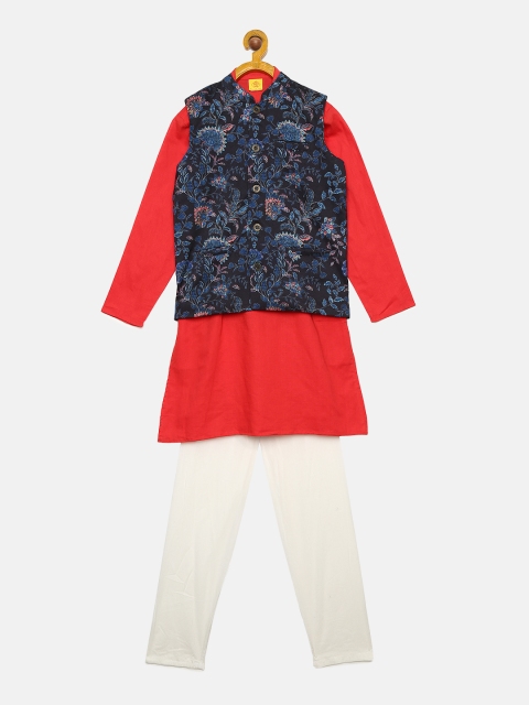 

612 league Boys Red & White Solid Kurta with Pyjamas & Nehru Jacket