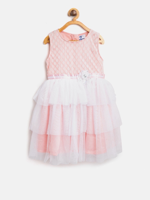 

612 league Girls Peach-Coloured & White Self Design Fit and Flare Dress