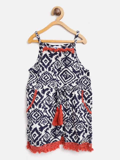 

612 league Girls White & Navy Blue Printed Playsuit