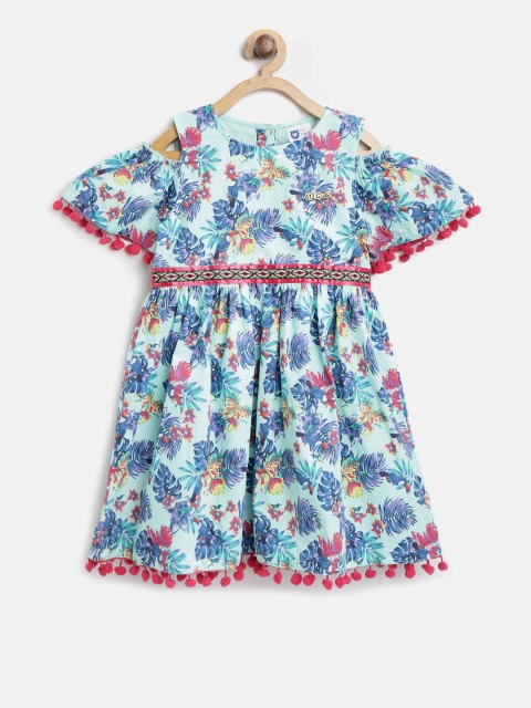 

612 league Girls Sea Green Printed Fit and Flare Dress