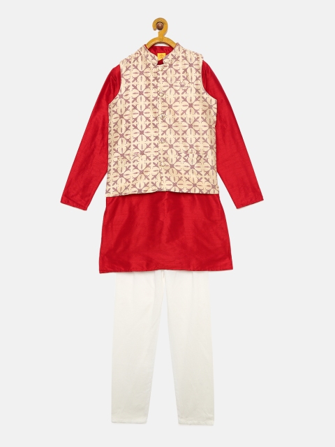 

612 league Boys Red & Beige Solid Kurta with Churidar and Waistcoat