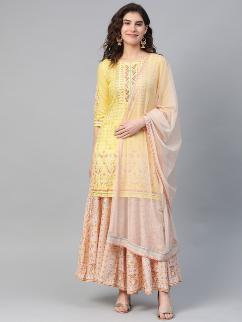 

W Women Yellow & Peach-Coloured Printed Kurta with Palazzos & Dupatta
