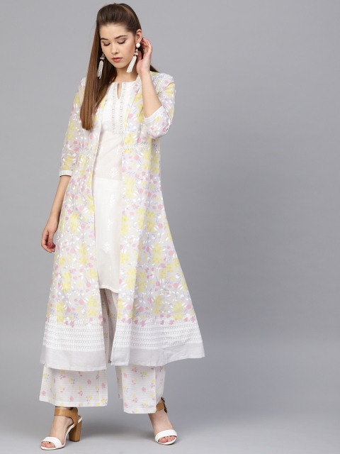 

W Women White & Grey Printed Kurta with Palazzos & Ethnic Jacket