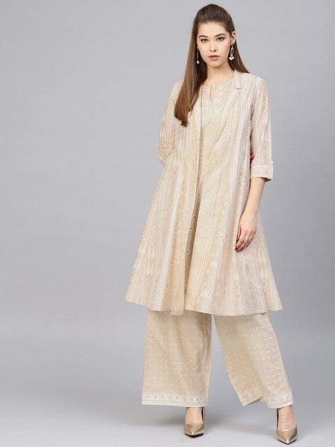 

W Women Beige & Off-White Printed Kurta with Palazzos & Ethnic Jacket