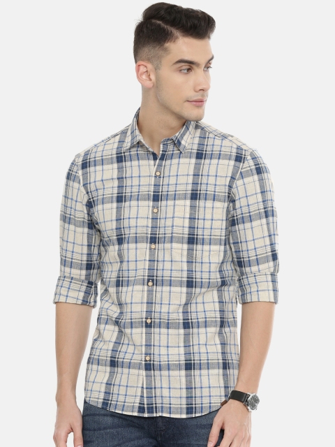 

John Players Men Beige & Blue Trim Fit Checked Casual Shirt