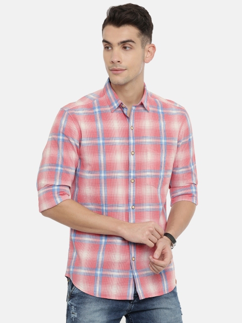 

John Players Men Pink & Blue Trim Fit Checked Casual Shirt