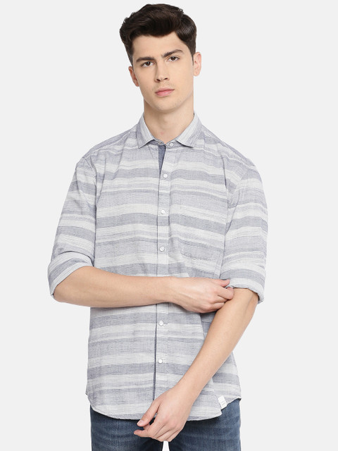 

John Players Men Blue & Off-White Trim Fit Striped Casual Shirt