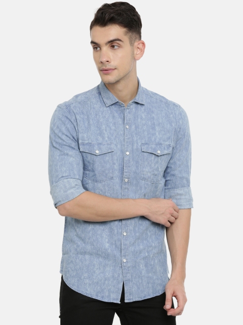 

John Players Men Blue Trim Fit Solid Chambray Casual Shirt